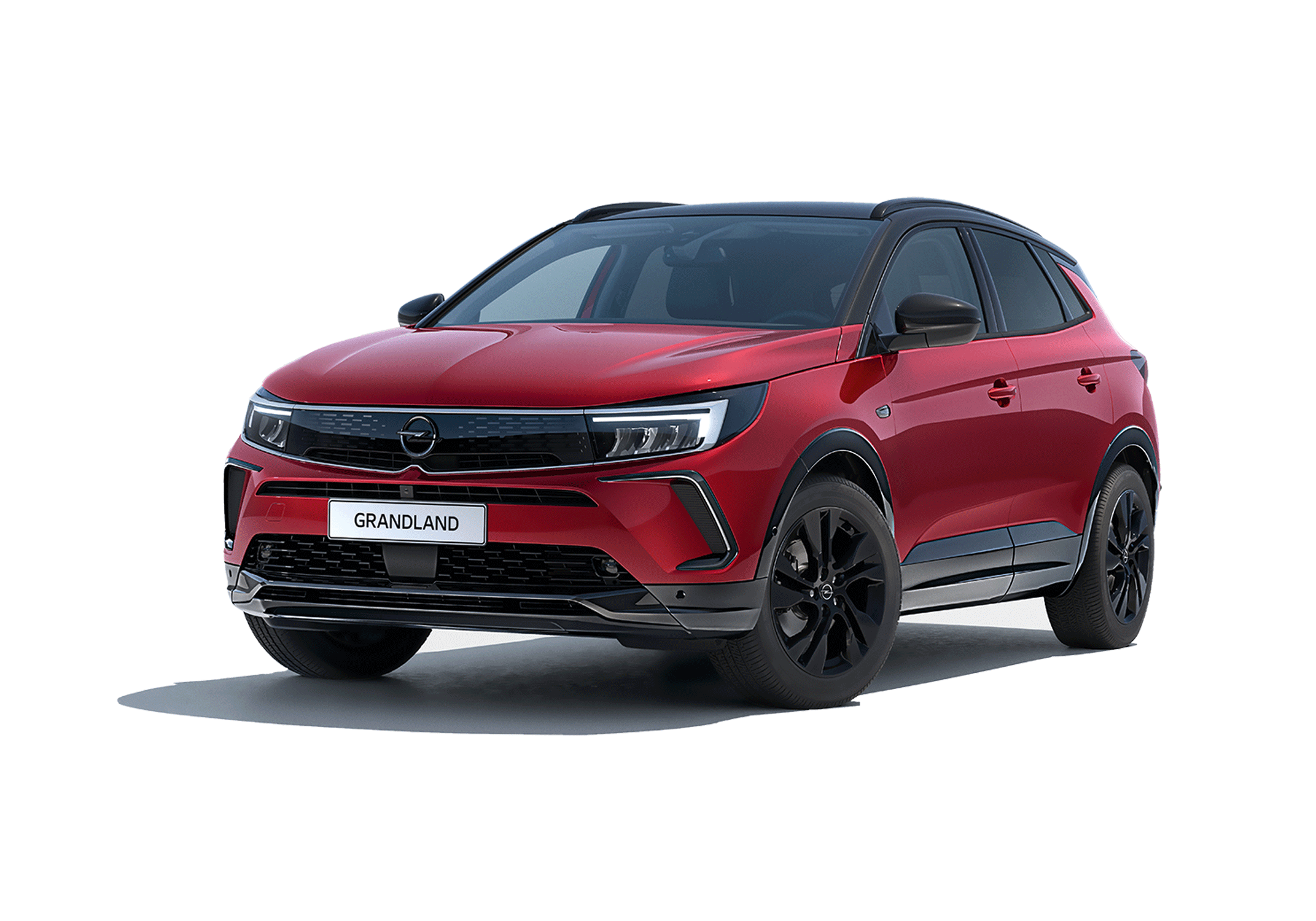 Opel Grandland, röd med svart tak, framifrån