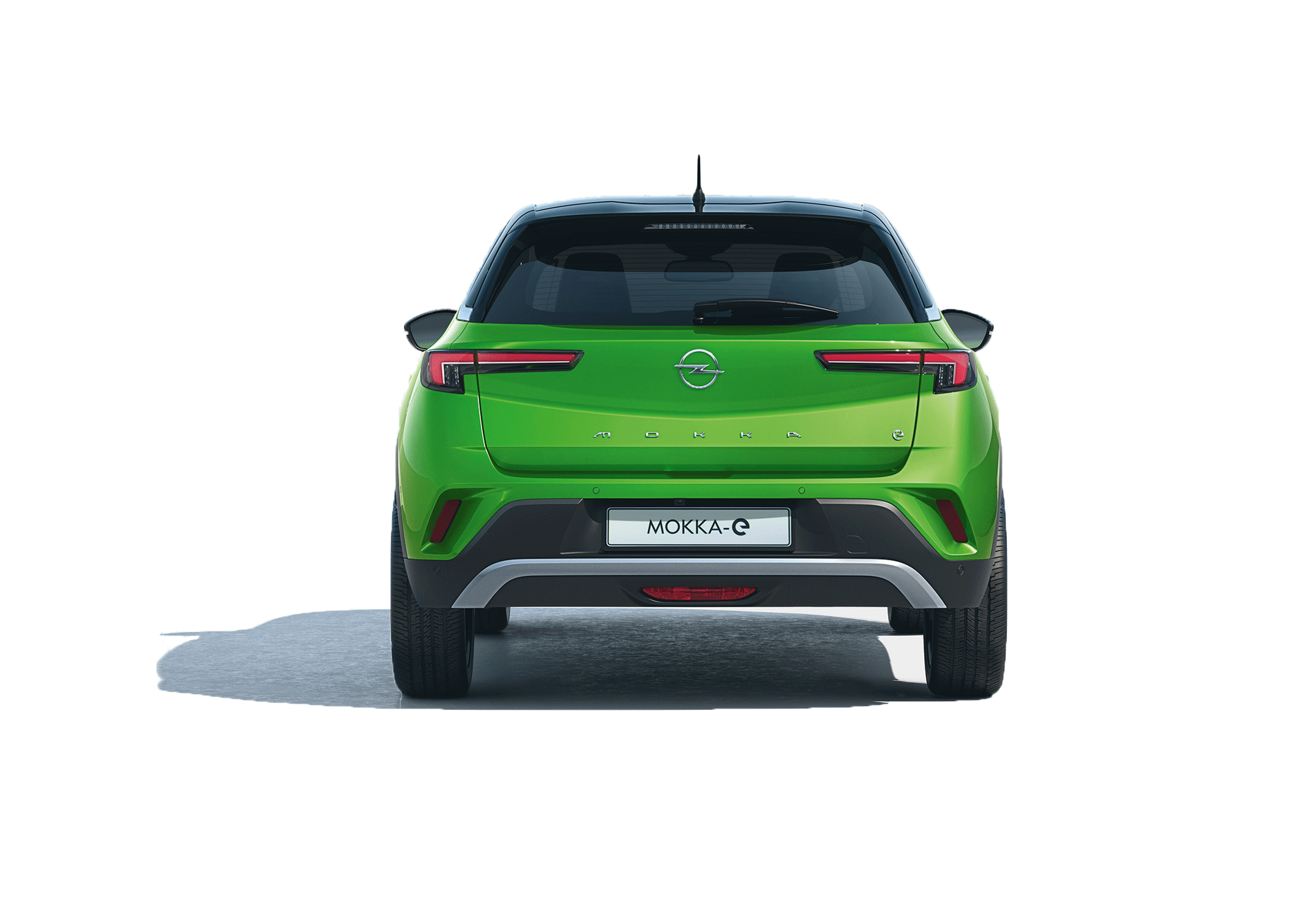 Opel Mokka-e, grön och svart, bakifrån